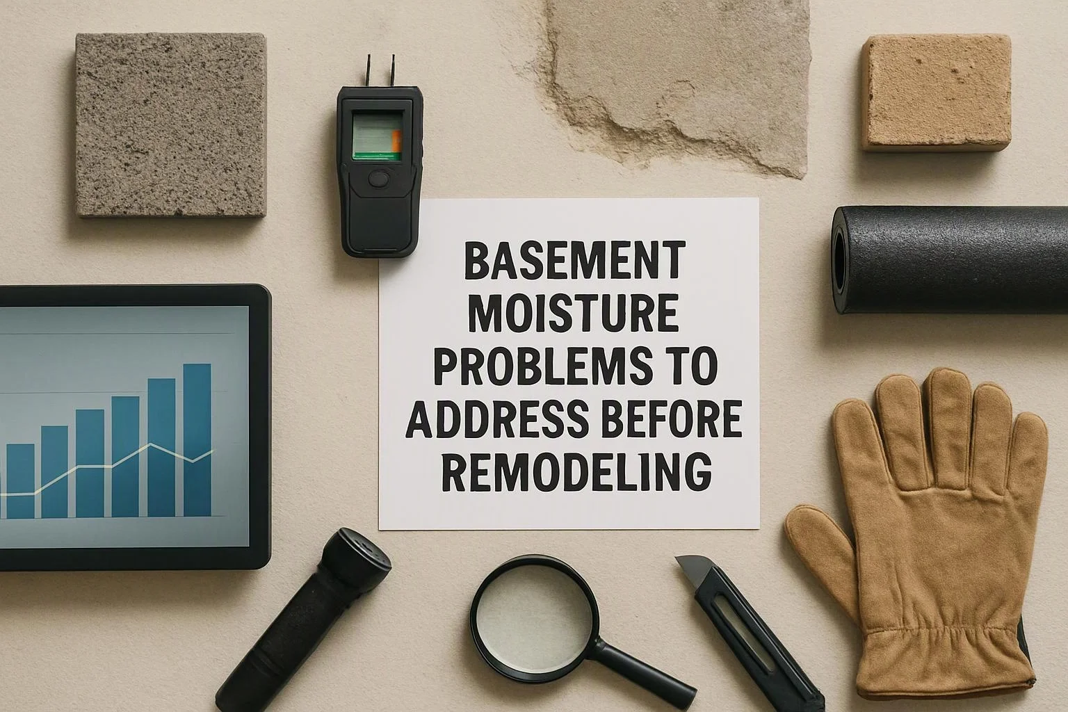 Aerial top-down flat-lay photograph of overhead flat-lay of items that represent "Basement Moisture Problems to Address Before Remodeling" in a Home Remodeling