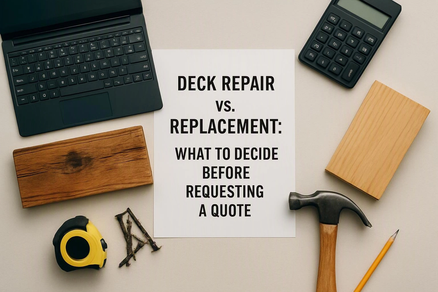 Aerial top-down flat-lay photograph of a clear visual metaphor illustrating what "Deck Repair vs. Replacement