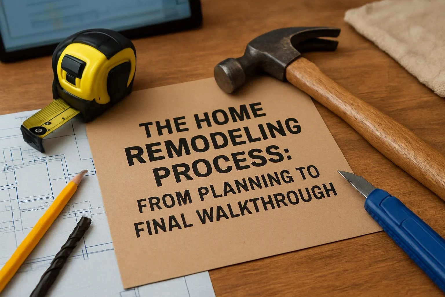 A home remodeling flyer lies on a wooden desk beside a hammer, tape measure, pencil, knife, and floor plans