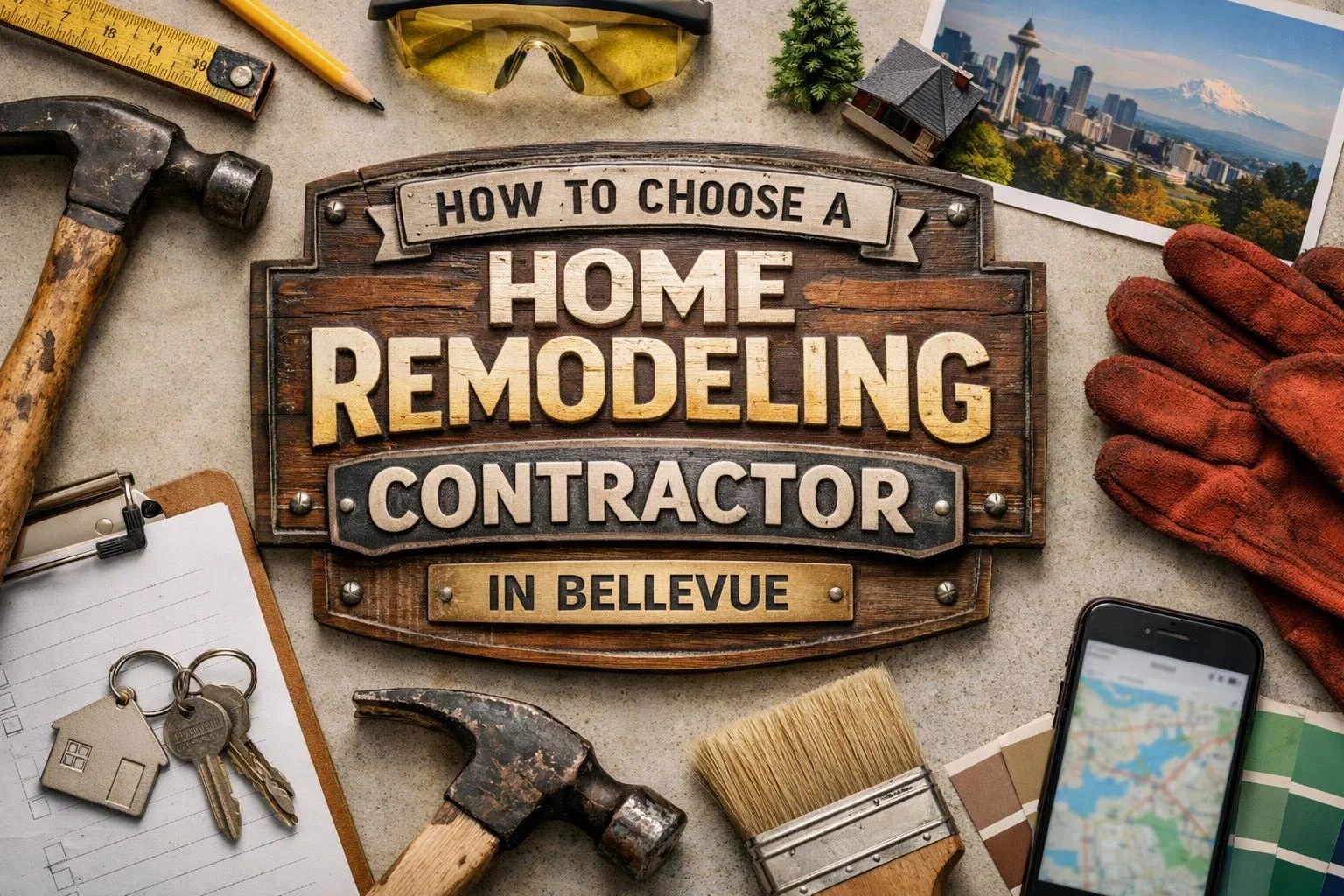 A home remodeling sign sits on a table with tools, gloves, keys, photos, and a phone around it
