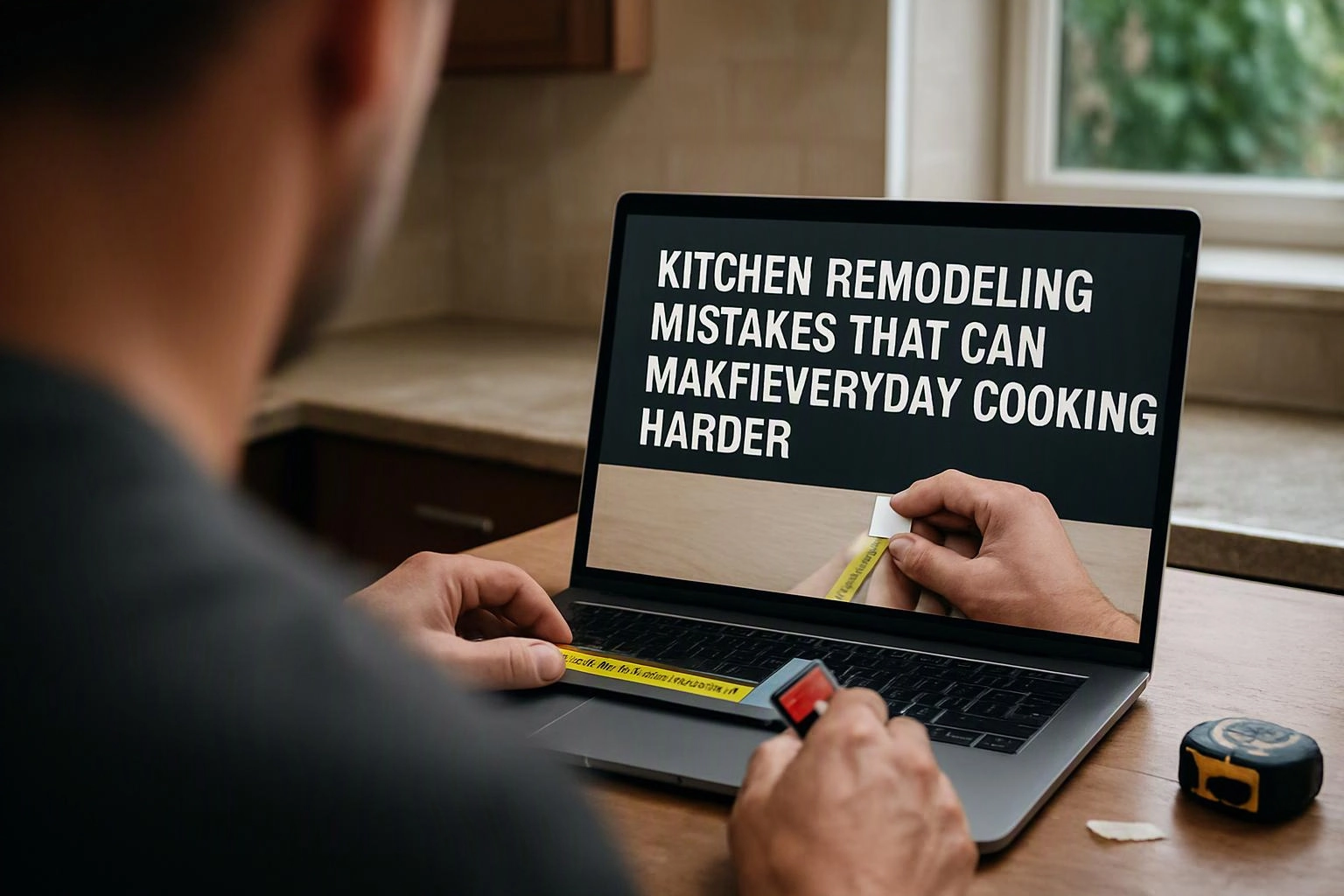 A person measures a laptop while a kitchen remodeling headline fills the screen in a bright kitchen