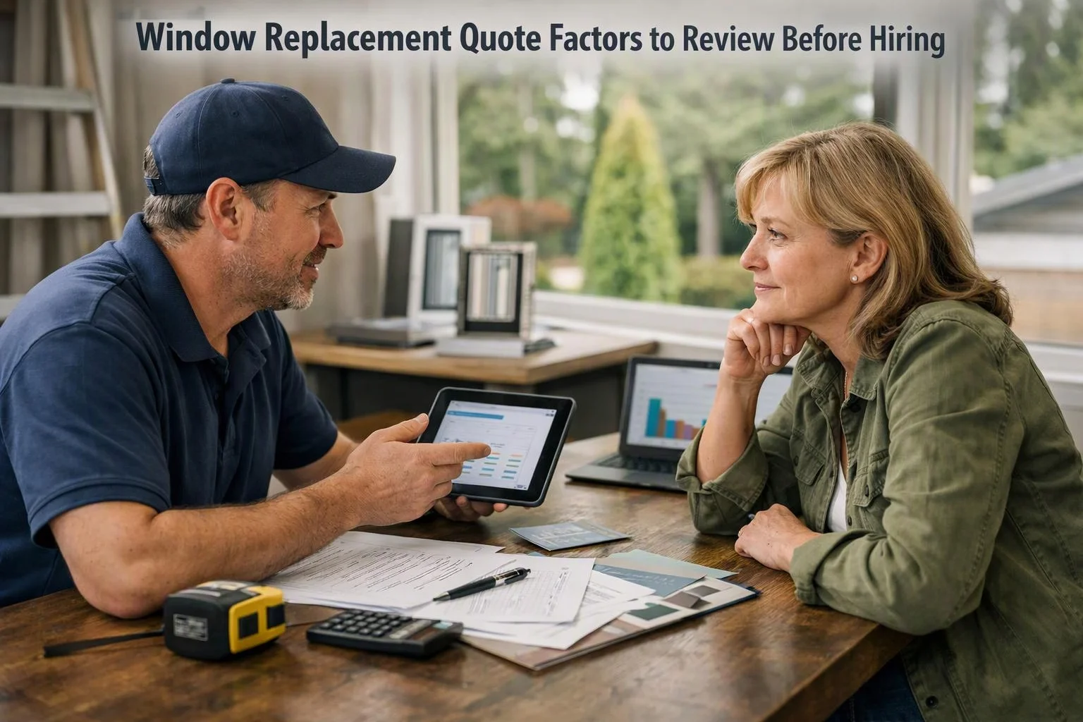 Two-person consultation photograph showing wide establishing view of a setting where "Window Replacement Quote Factors to Review Before Hiring" naturally arises