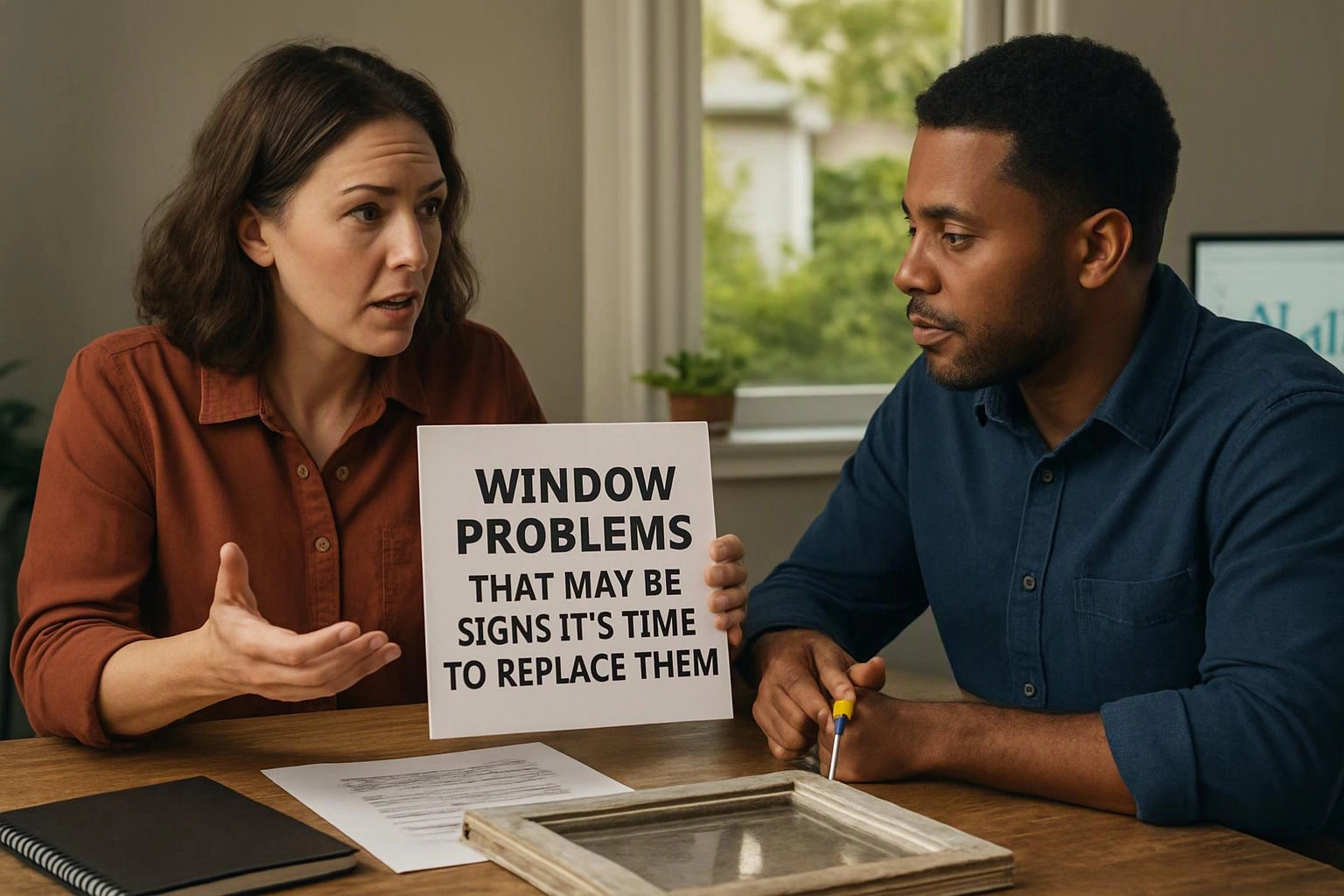 Two people discuss a window repair sign at a table with a sample frame and papers