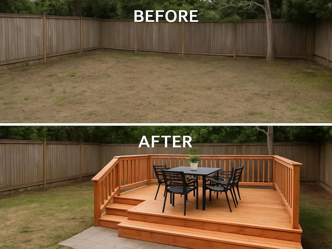 A backyard changes from bare grass to a wooden deck with outdoor table and chairs, with before and after labels