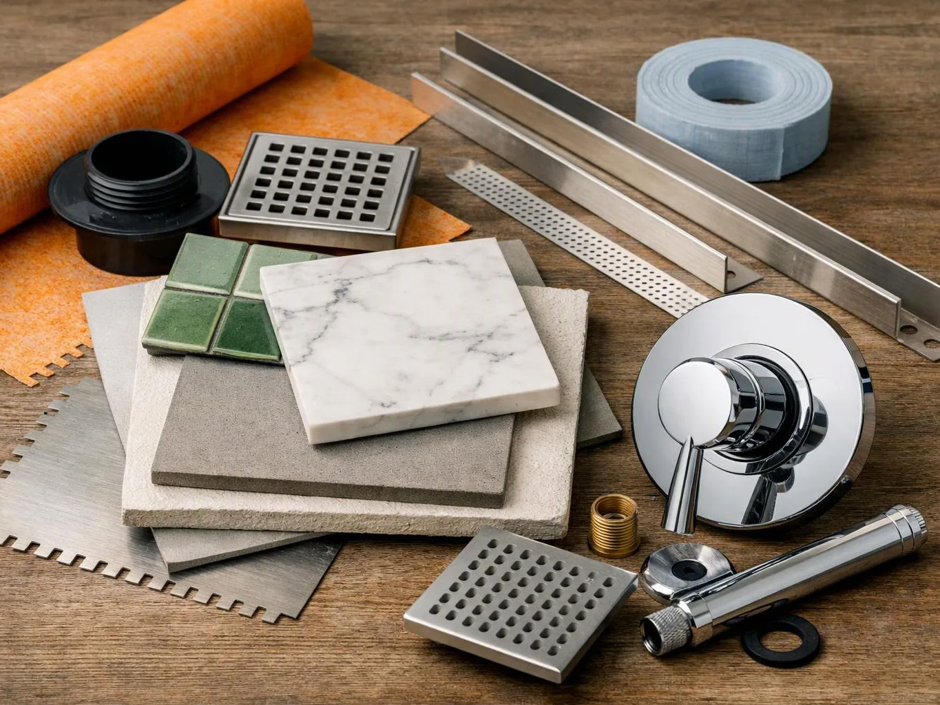Bathroom fixture parts, tile samples, and metal trim pieces are arranged on a wooden surface