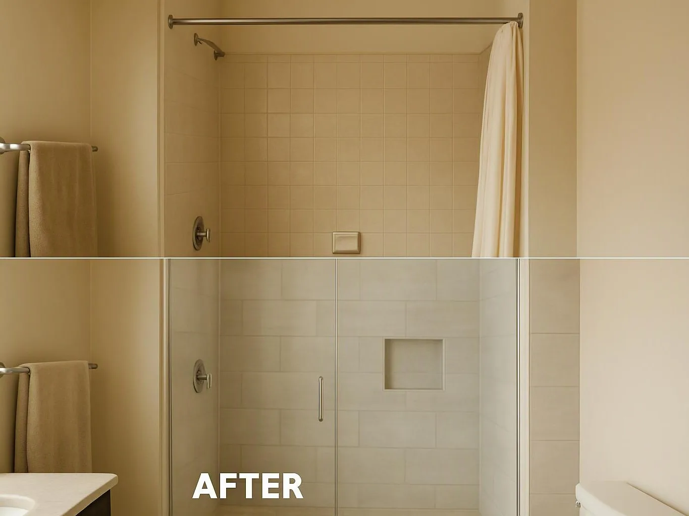 A bathroom shower appears split into before and after views, with beige tile, a curtain, and glass doors