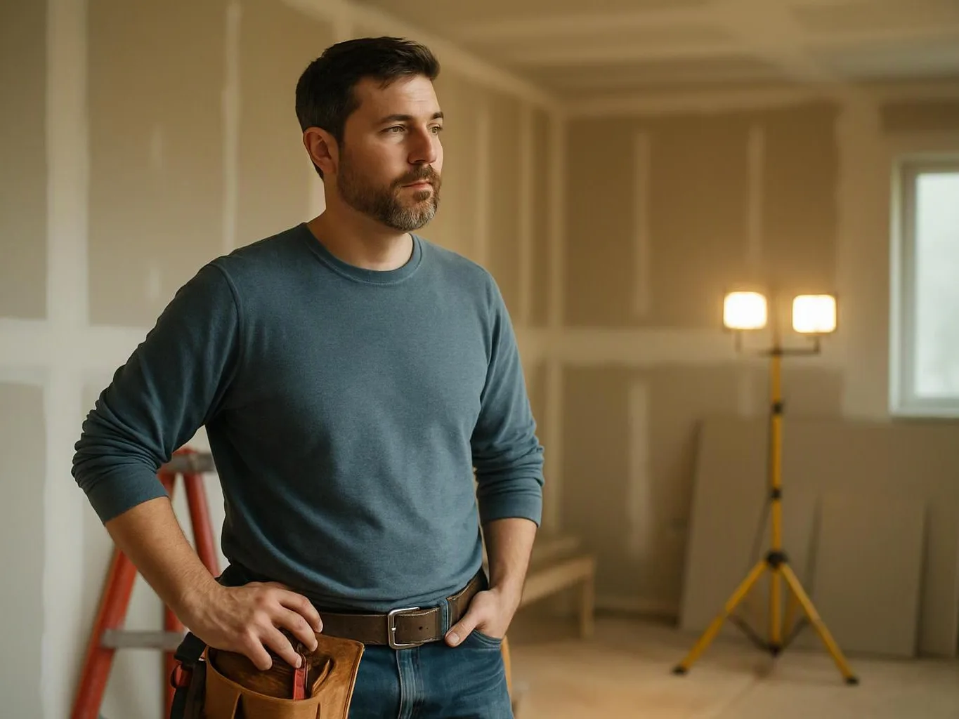 A bearded man stands in a room under construction, with tools and a bright work light behind him