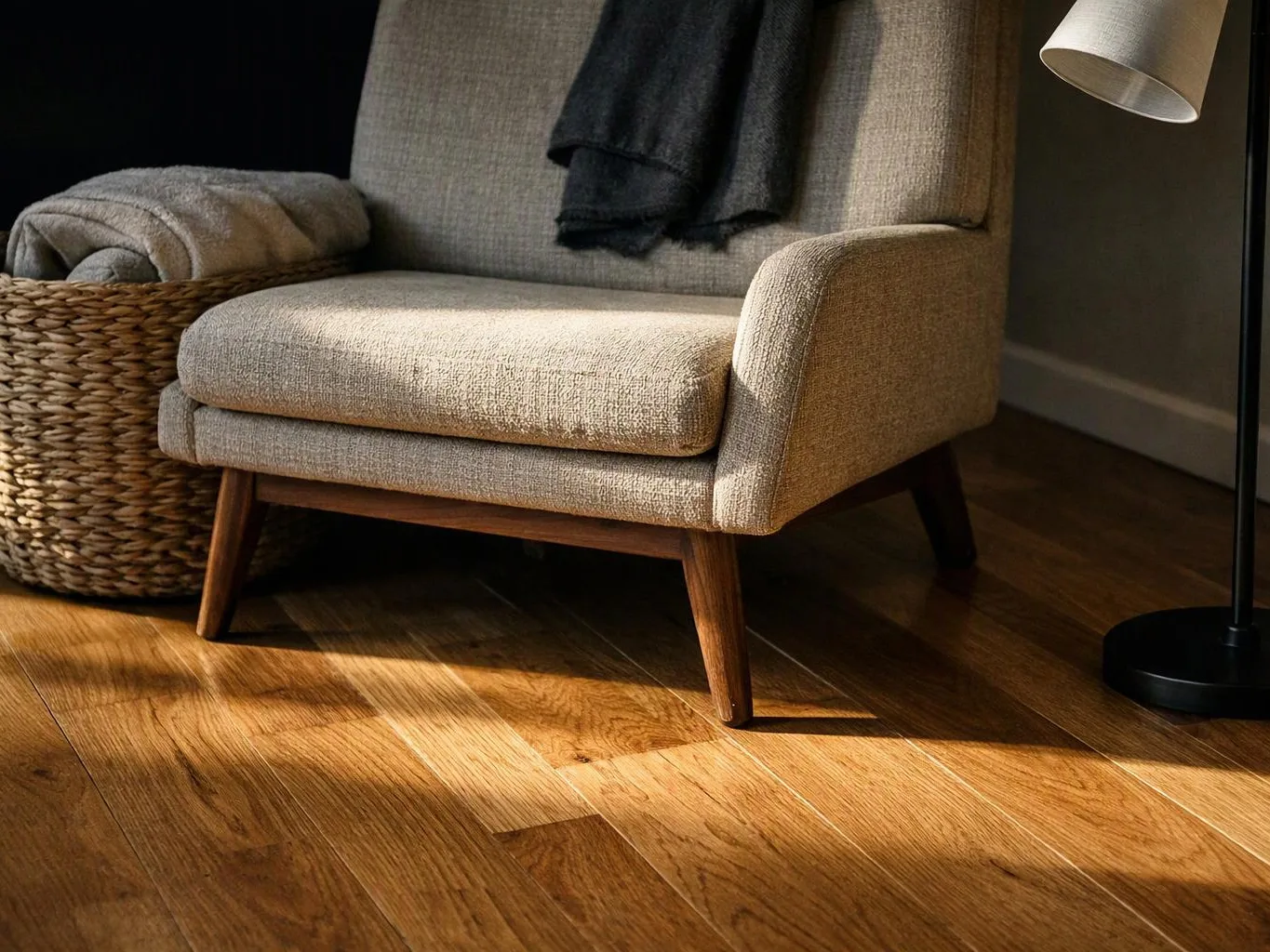 A beige armchair sits on a sunlit wooden floor beside a basket, throw, and floor lamp