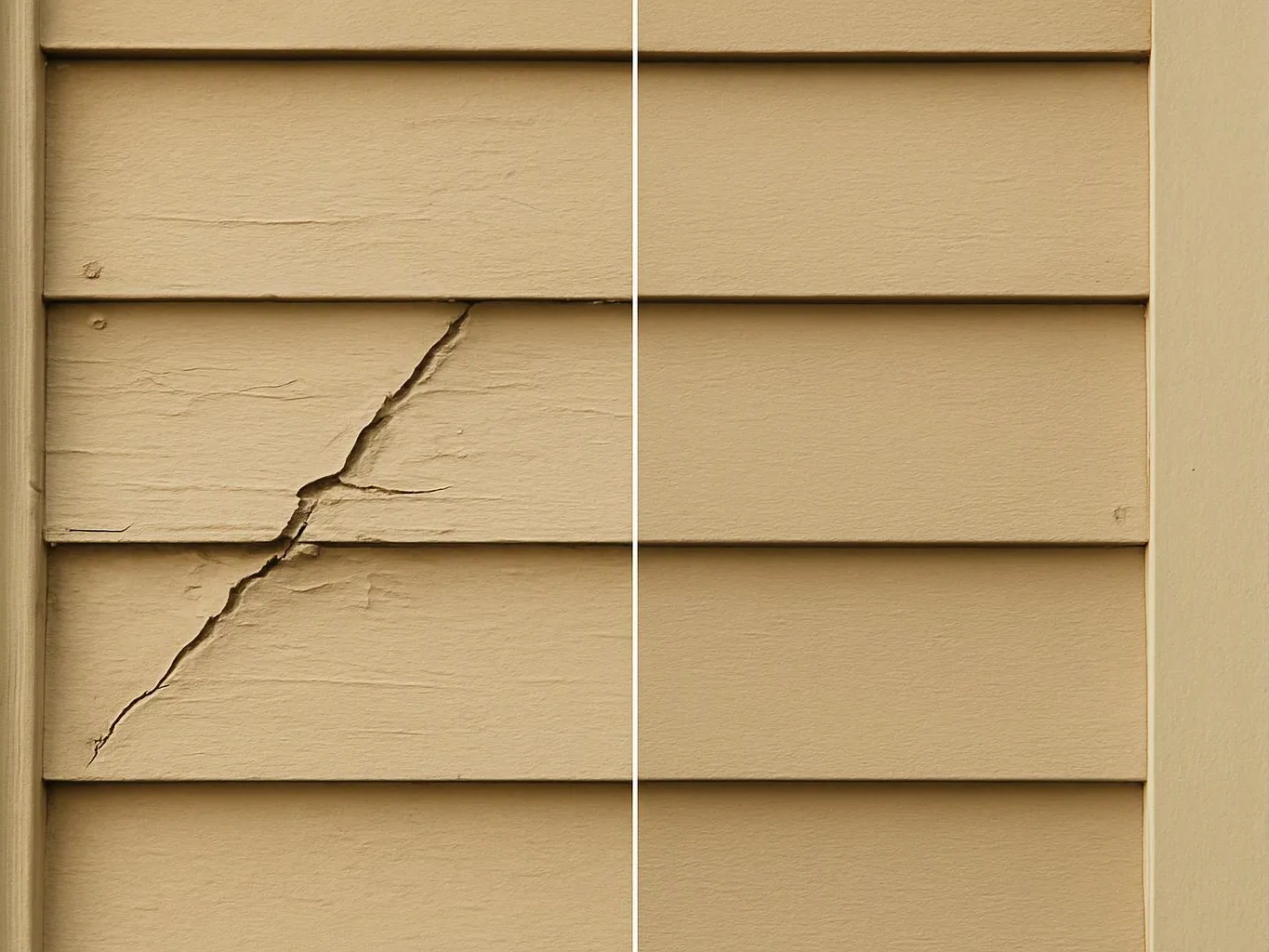 A beige house wall with horizontal siding shows a large diagonal crack on the left side