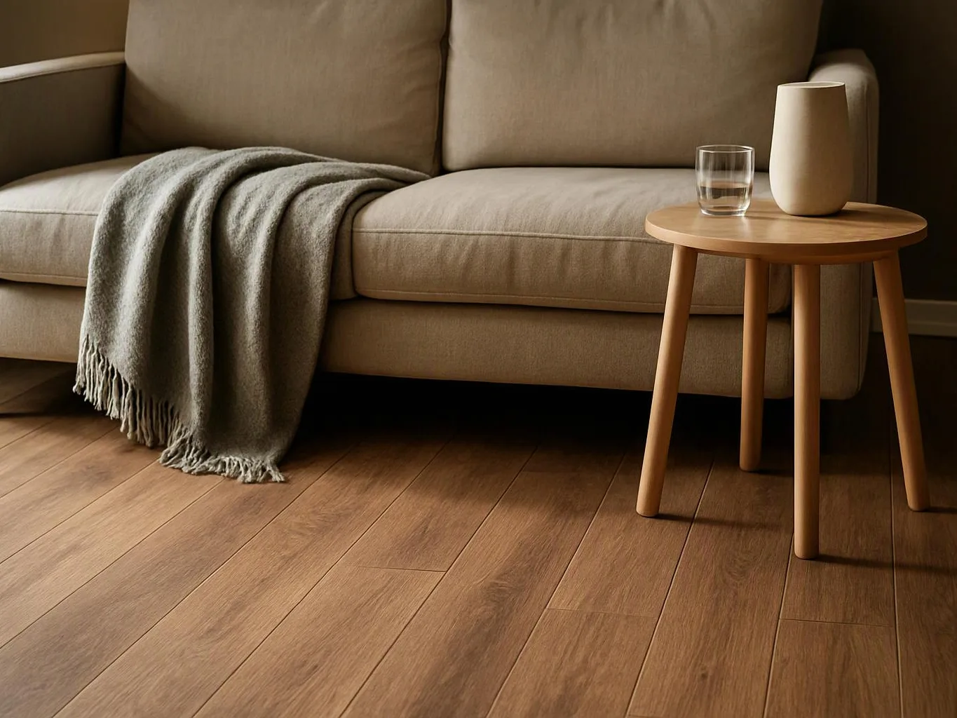 A beige sofa with a gray throw sits beside a small wooden table holding a glass and vase