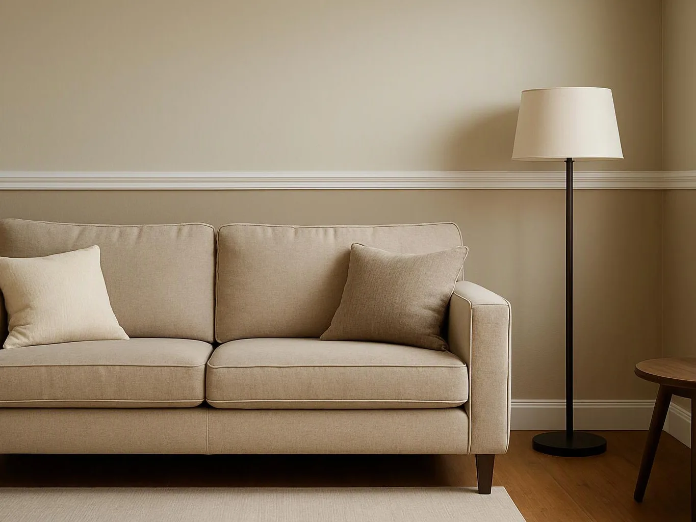 A beige sofa with two pillows sits beside a floor lamp in a quiet living room