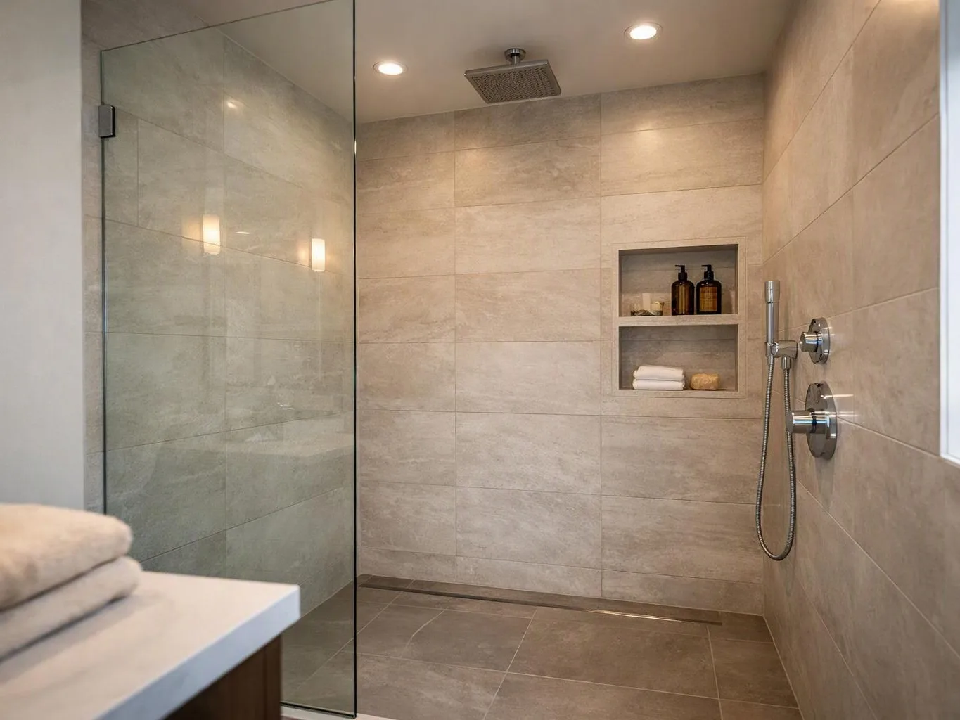 A beige tiled shower with glass door, recessed shelf, and chrome shower controls is shown in a clean bathroom