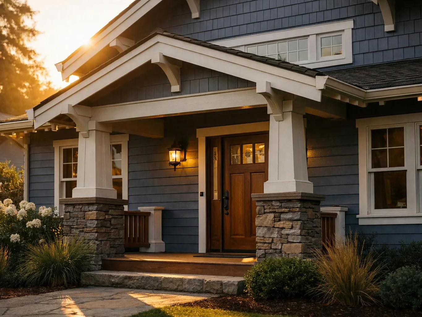 A blue house porch with stone columns, a lit wall lantern, and a wooden front door at sunset