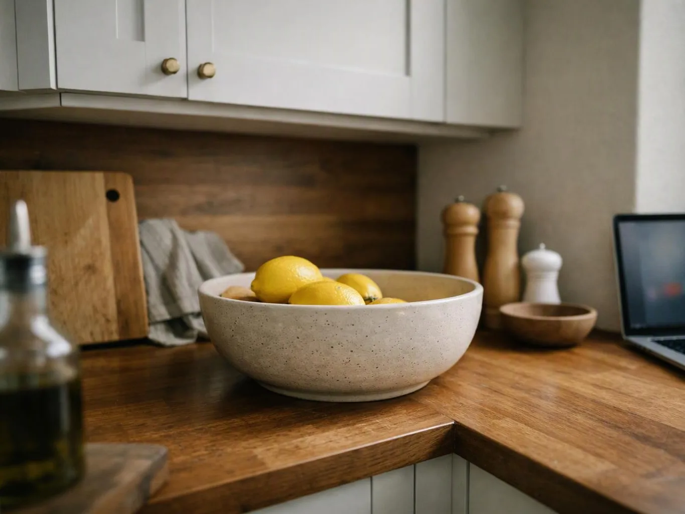 A bowl of lemons sits on a wooden kitchen counter beside cutting boards, grinders, and a laptop