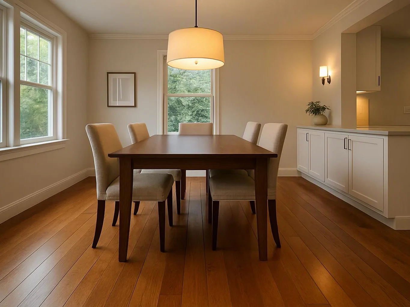 A bright dining room has a wooden table, six upholstered chairs, large windows, and white cabinets