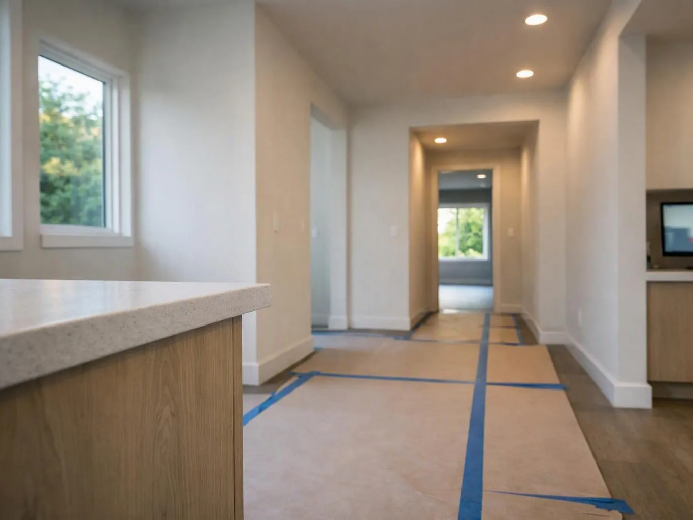 A bright empty hallway with taped floor coverings, recessed lights, and windows looking out to greenery