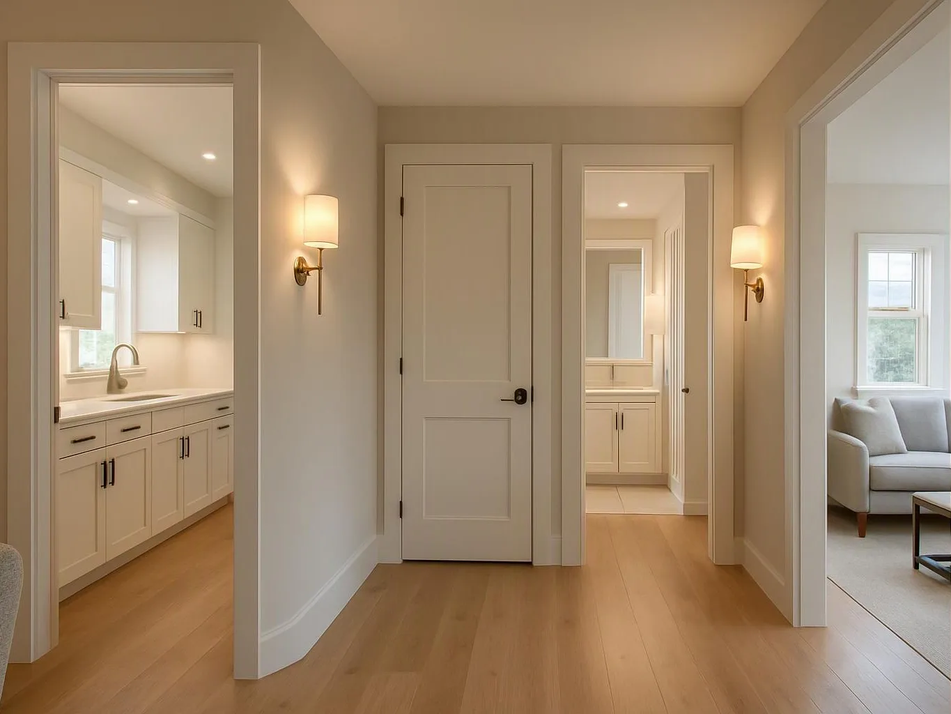 A bright hallway with white doors opens into a kitchen on the left and a living room on the right