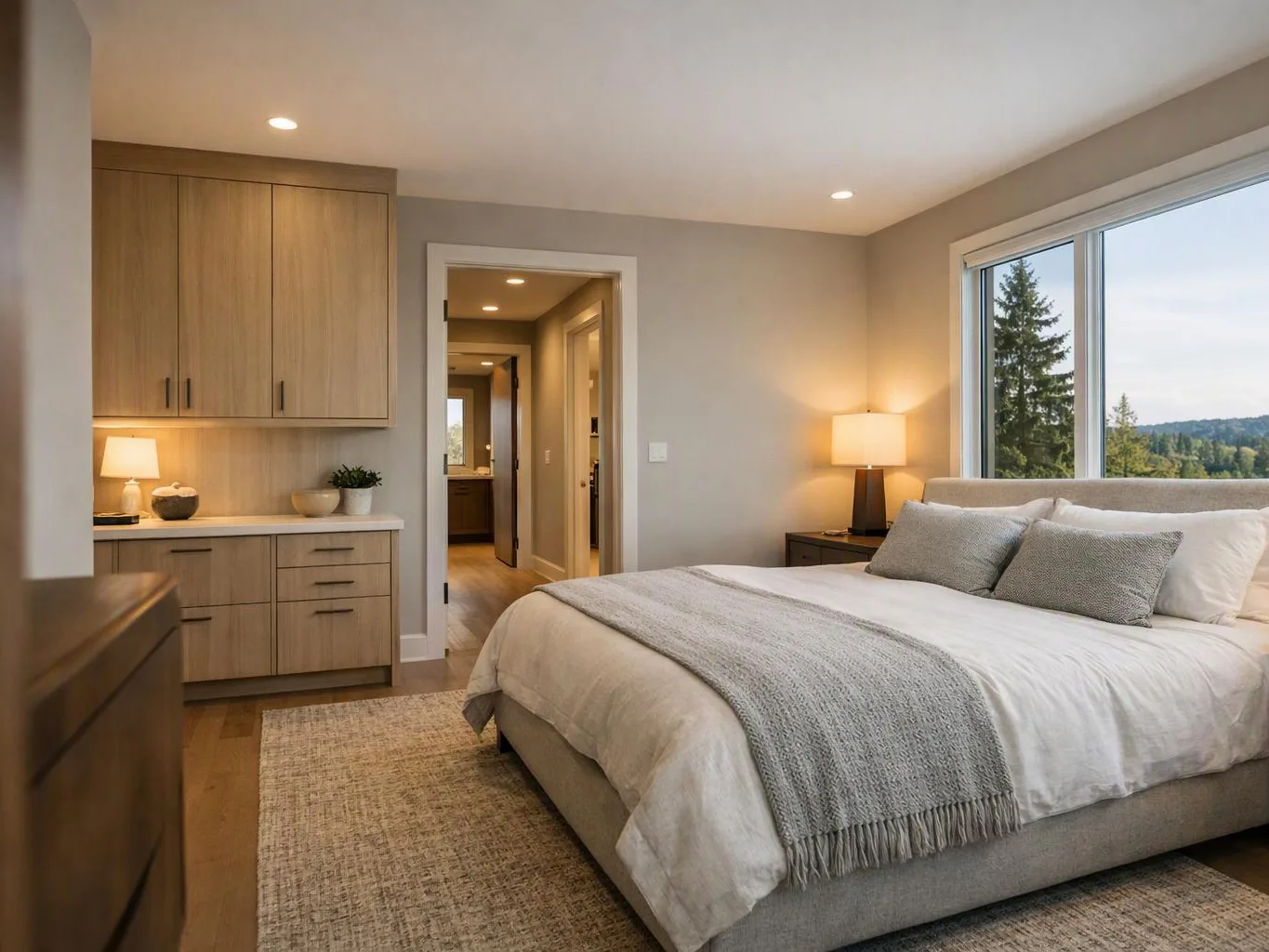 A bright modern bedroom has a large bed, built-in cabinets, a lamp, and a window with trees outside