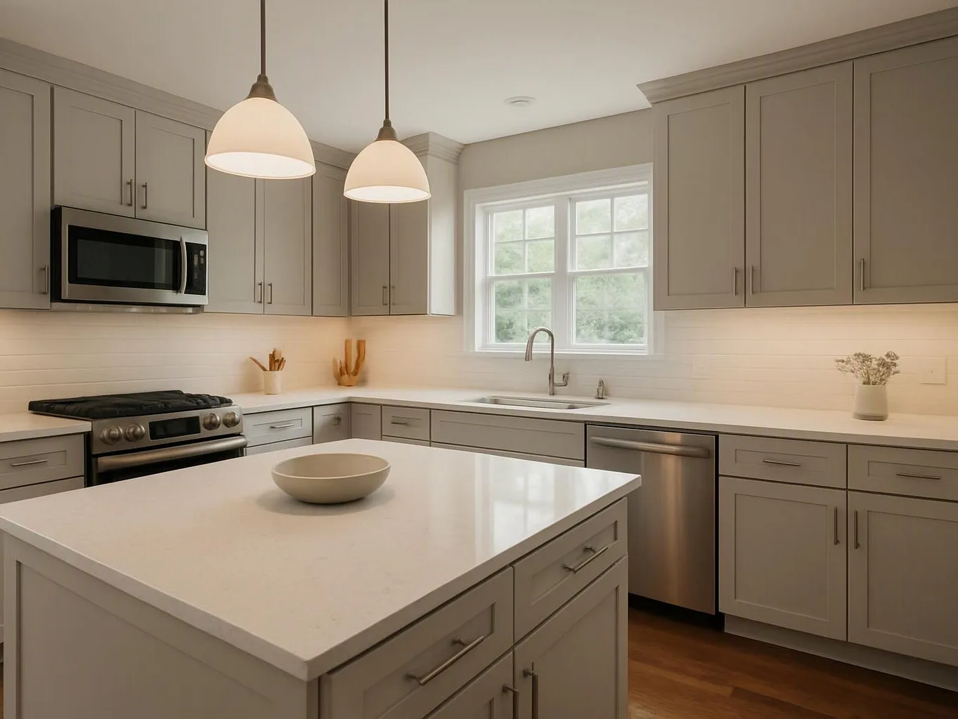A bright modern kitchen shows gray cabinets, a white island, pendant lights, and stainless appliances by a window