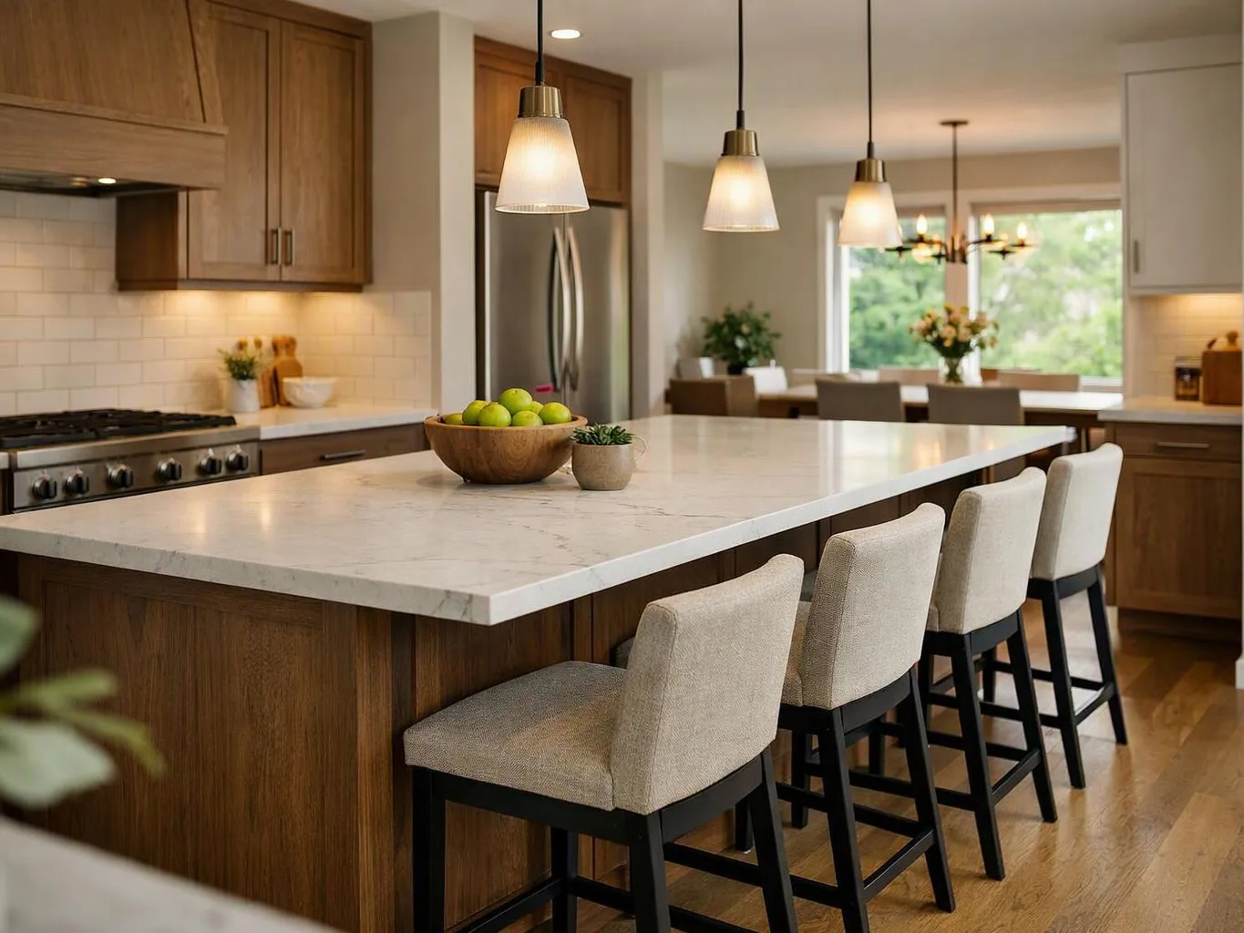 A bright modern kitchen shows a large island with pendant lights, stools, and a bowl of green apples