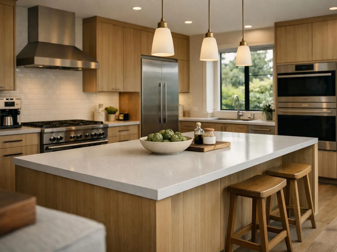 A bright modern kitchen shows a large island, wood cabinets, stainless appliances, and three hanging lights