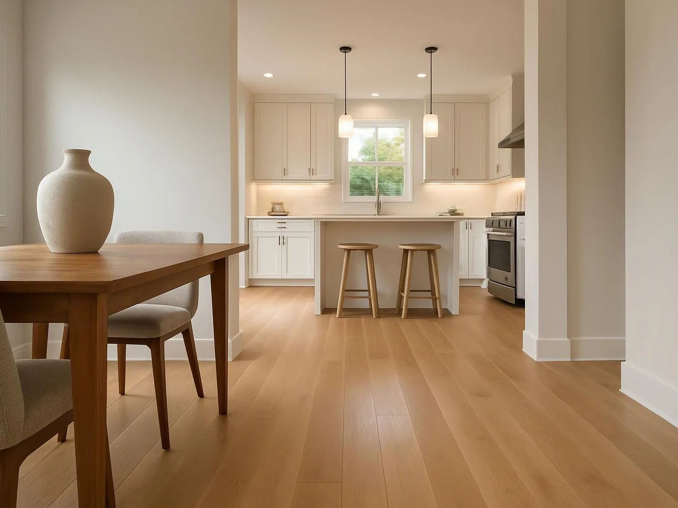 A bright modern kitchen with white cabinets, a central island, two stools, and a wooden dining table in front