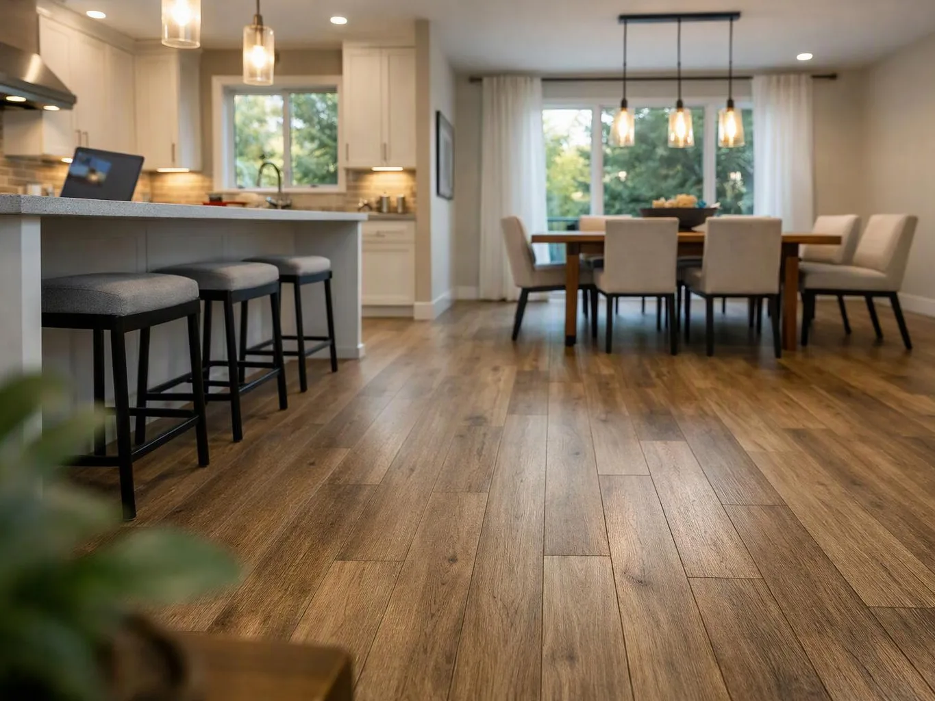 A bright open kitchen and dining room shows bar stools, a wooden table, and pendant lights on hardwood floors