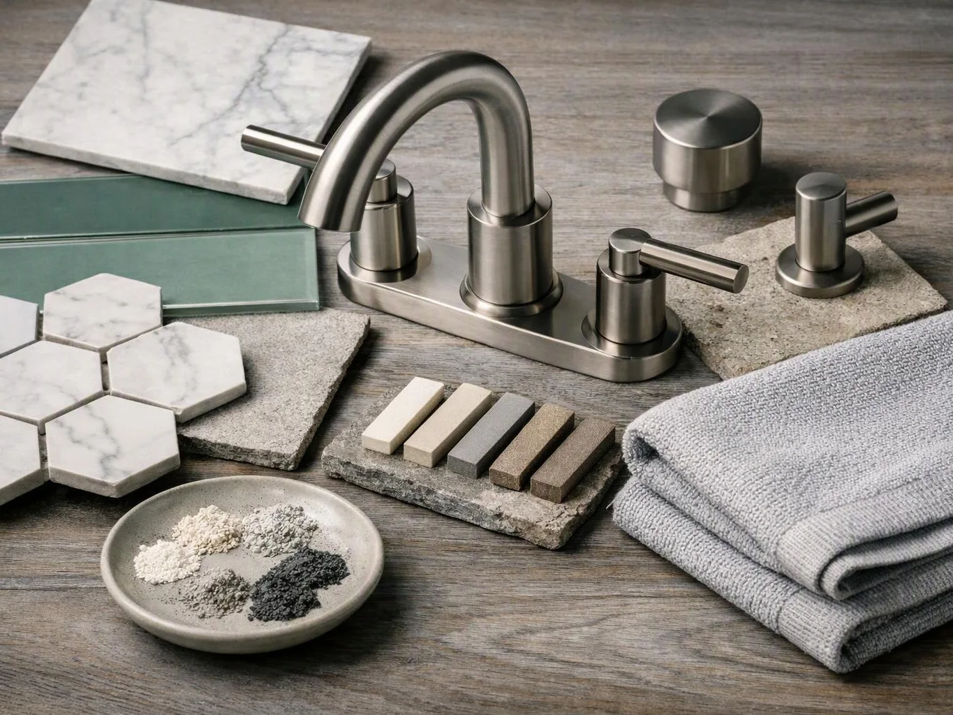 A brushed metal faucet sits among stone, tile, and fabric samples on a wooden surface