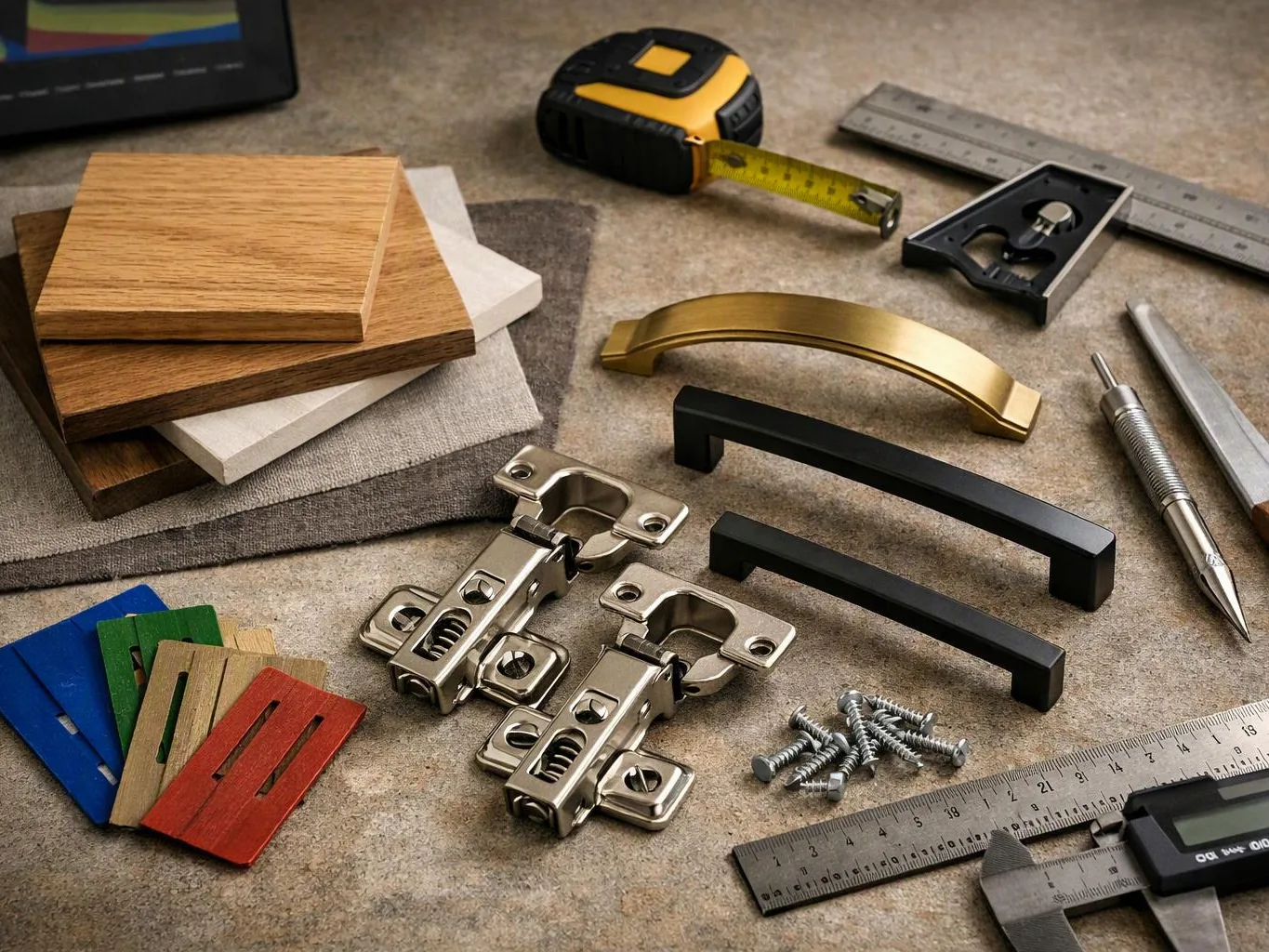Cabinet hardware, wood samples, rulers, screws, and measuring tools are arranged on a textured work surface