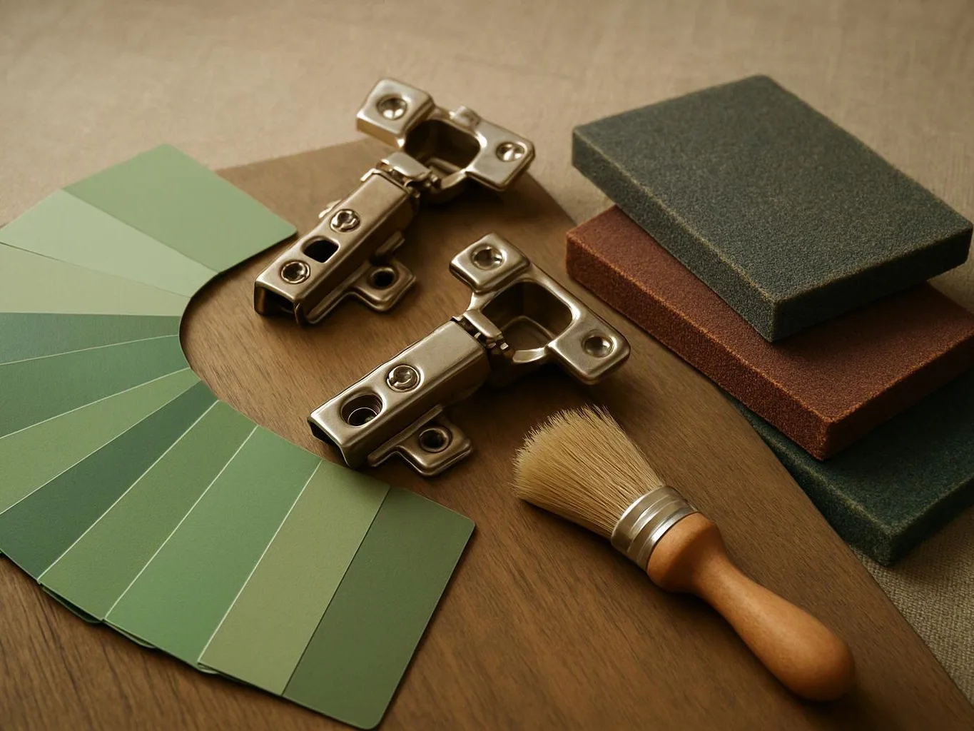 Cabinet hinges, green paint swatches, sanding blocks, and a brush rest on a wooden surface