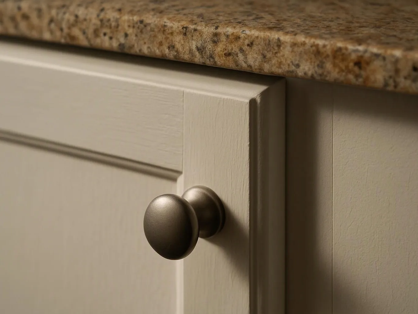 Close-up of a beige cabinet door with a round dark knob beneath a speckled countertop