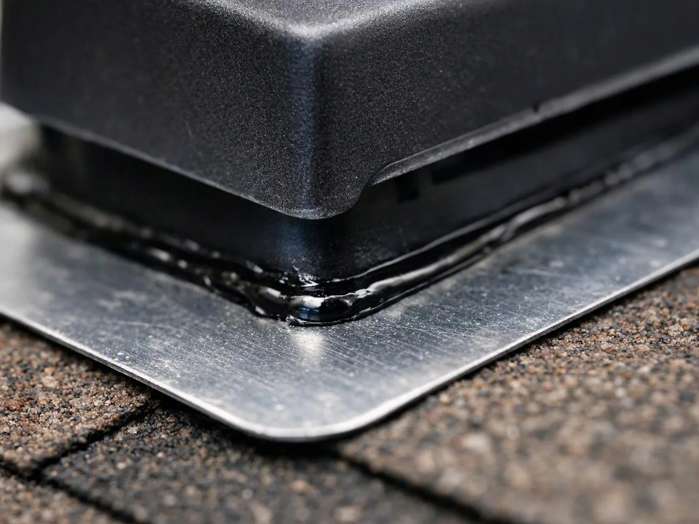 Close-up of a black vent base sealed to a metal flashing plate on roof shingles