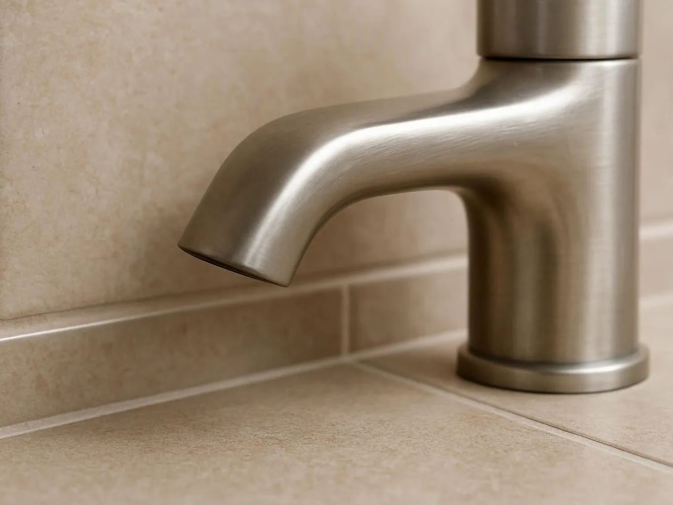 Close-up of a brushed metal faucet mounted on beige tiled wall and countertop