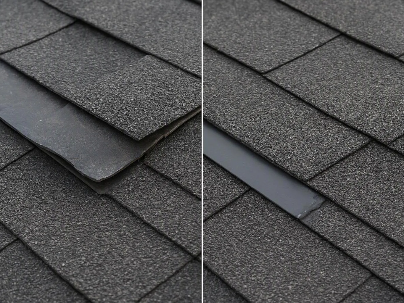 Close-up of dark roof shingles split into two panels, showing lifted and damaged layers