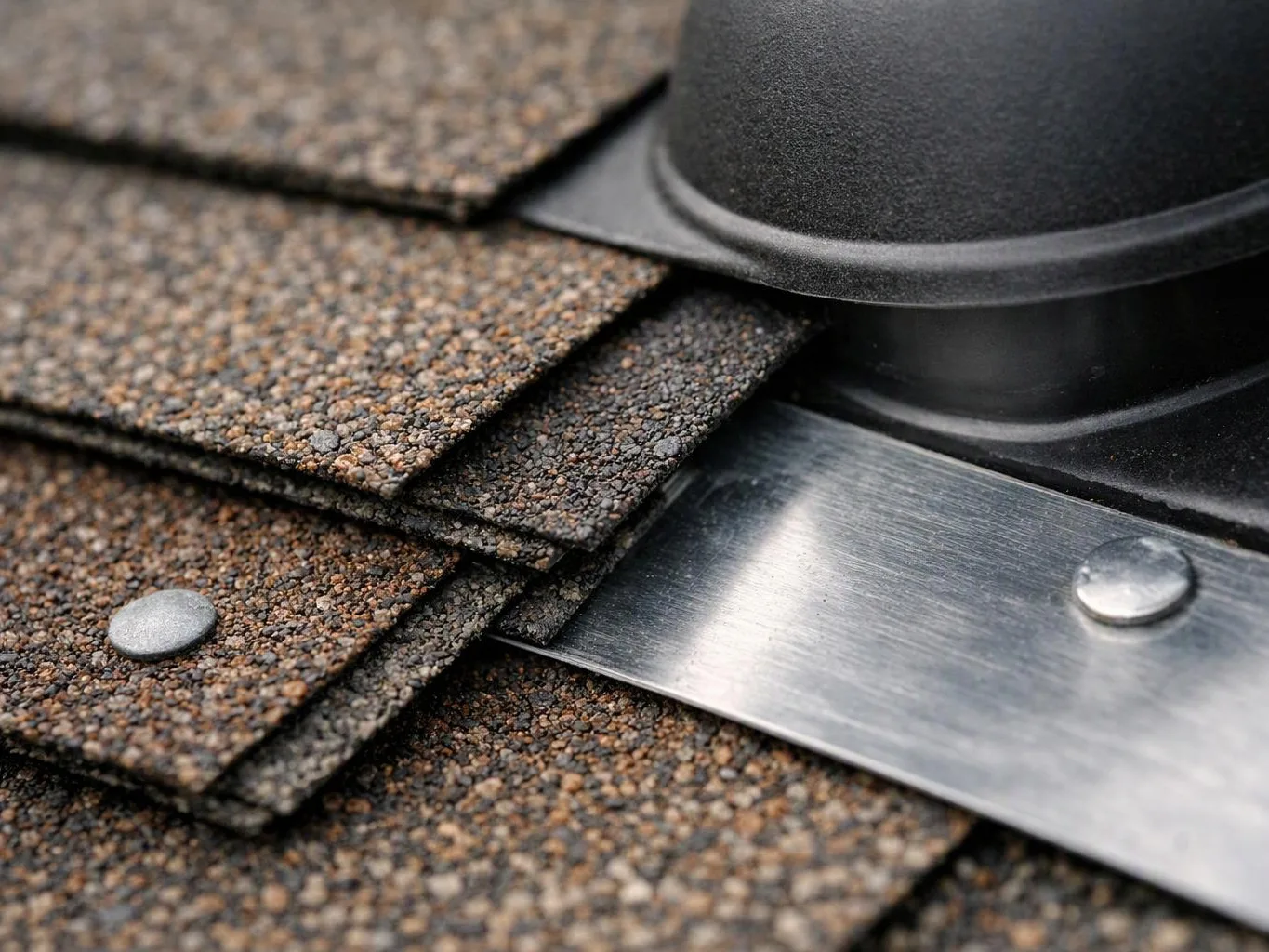 Close-up of layered roof shingles around a metal vent pipe and flashing with visible fasteners