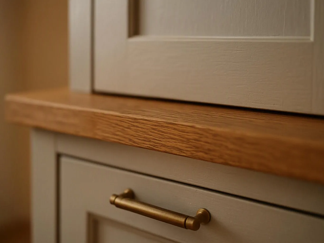 A close-up shows a light cabinet with a brass handle beneath a wooden shelf in warm indoor light