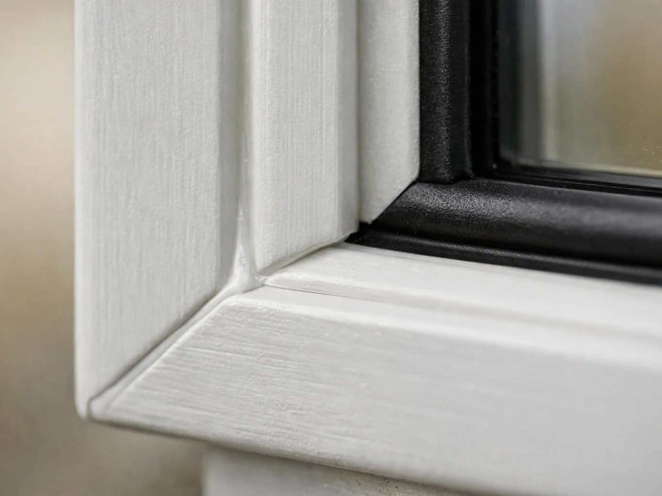 Close-up of a white window frame beside black trim and glass against a blurred beige wall