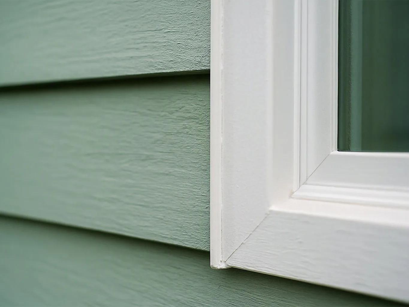 Close-up of a white window frame beside pale green house siding, showing textured exterior materials