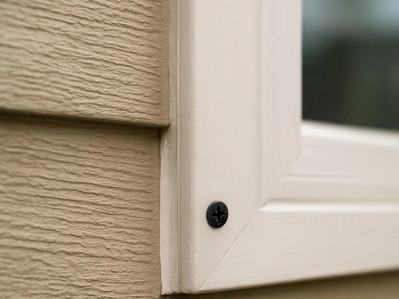 Close-up of a white window frame with a black screw beside beige textured siding