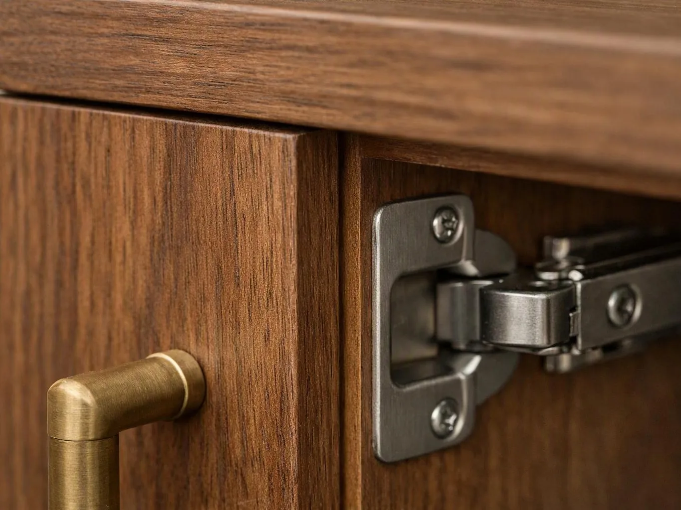 Close-up of a wooden cabinet door with a brass handle and a silver hinge hardware piece