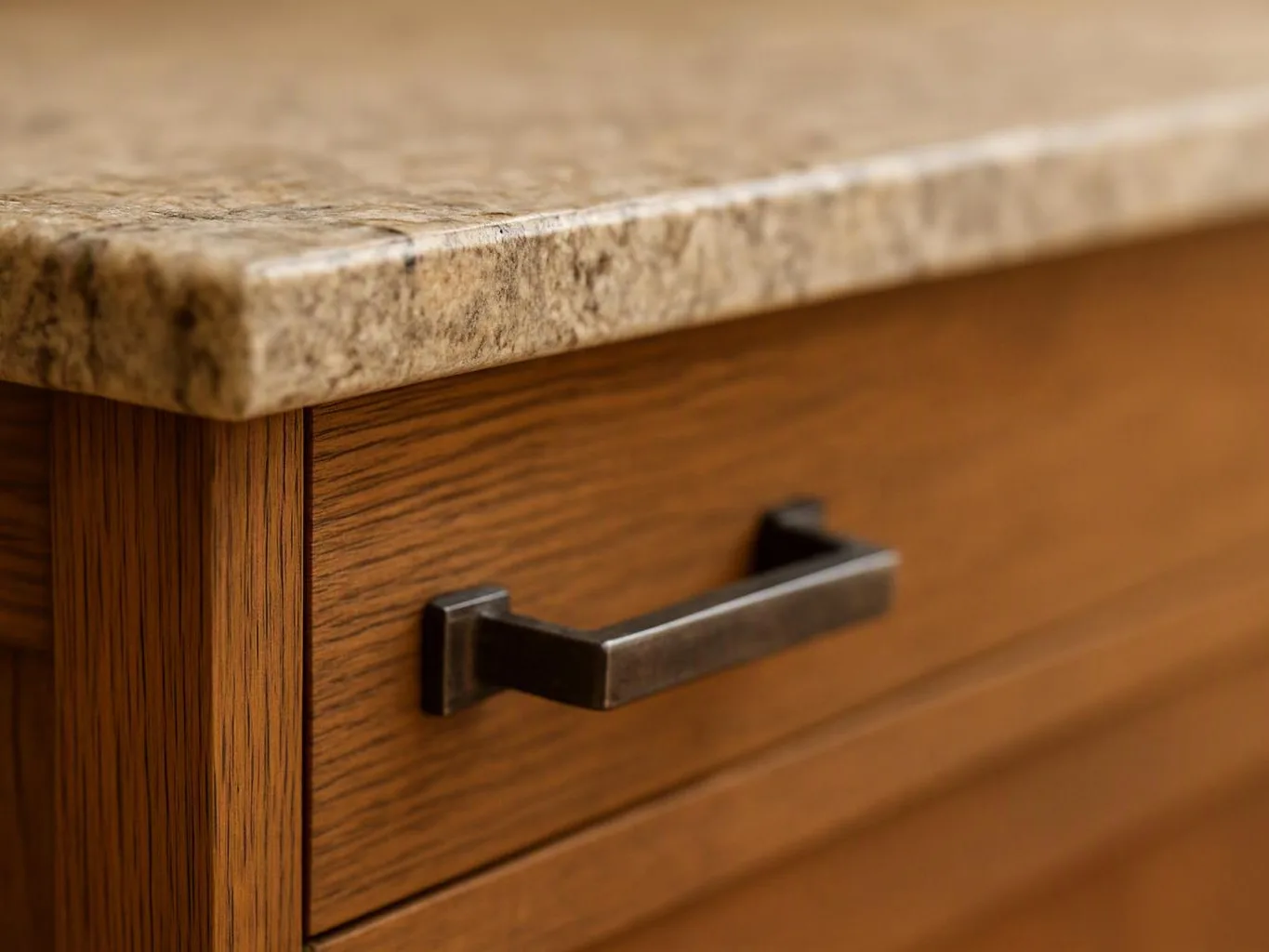 Close-up of a wooden cabinet drawer with a dark metal handle and stone countertop above