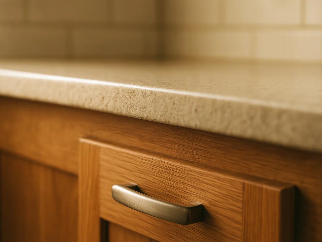Close-up of a wooden cabinet drawer with a metal handle beneath a beige stone countertop