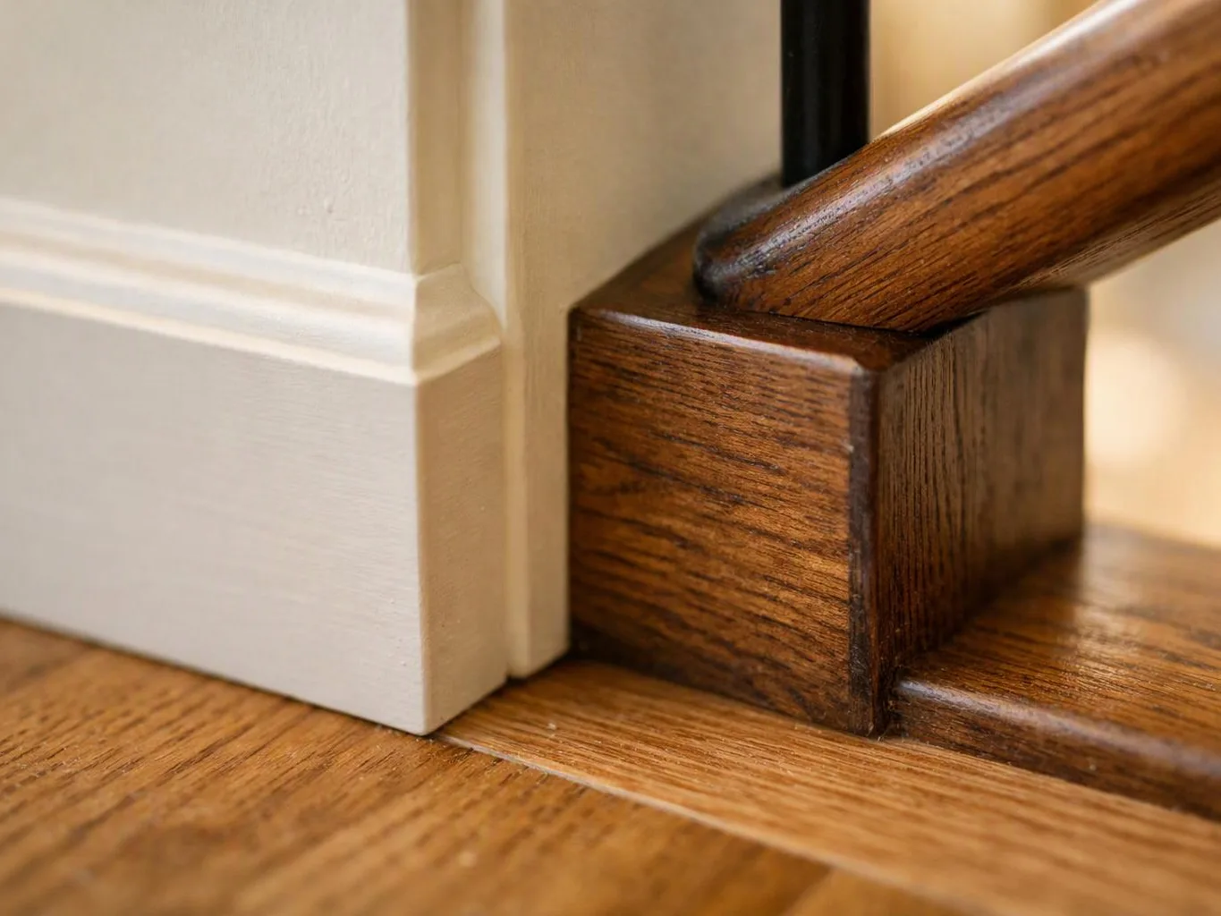 Close-up of a wooden stair railing beside a white wall and baseboard on a hardwood floor