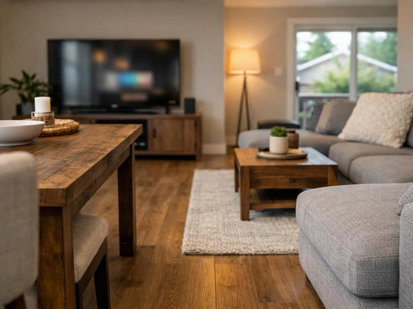 A cozy living room with a gray sofa, wooden coffee tables, a TV, and a lit floor lamp