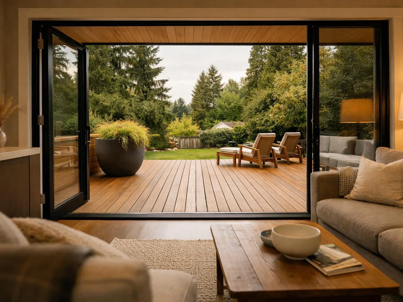 A cozy living room opens to a wooden deck with chairs, potted plants, and trees beyond
