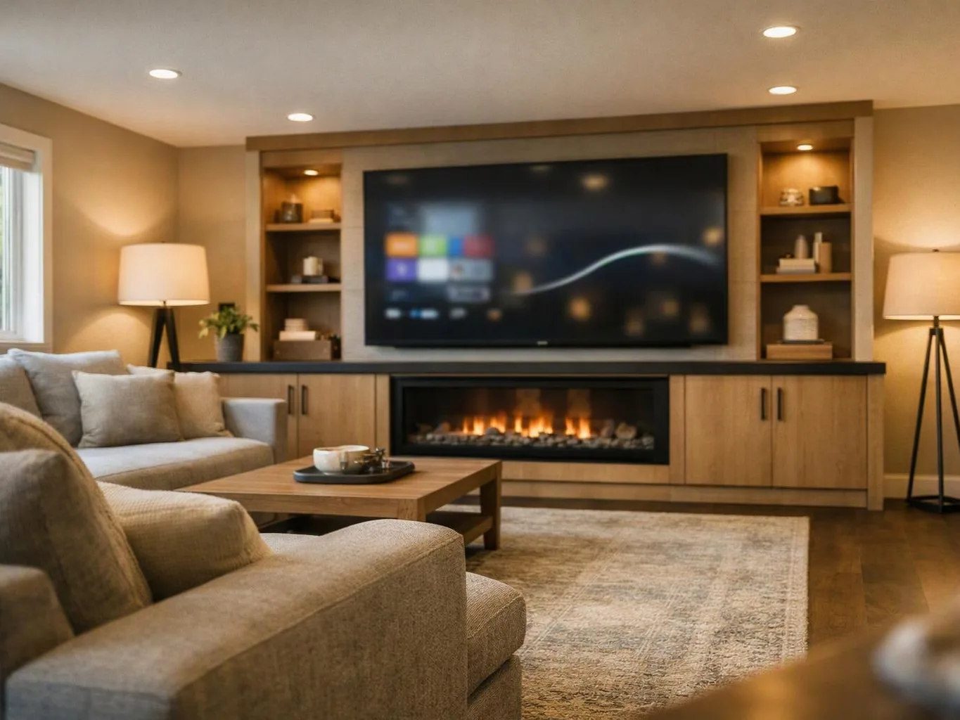 A cozy living room shows a large wall TV above a lit fireplace, with sofas and lamps around a coffee table