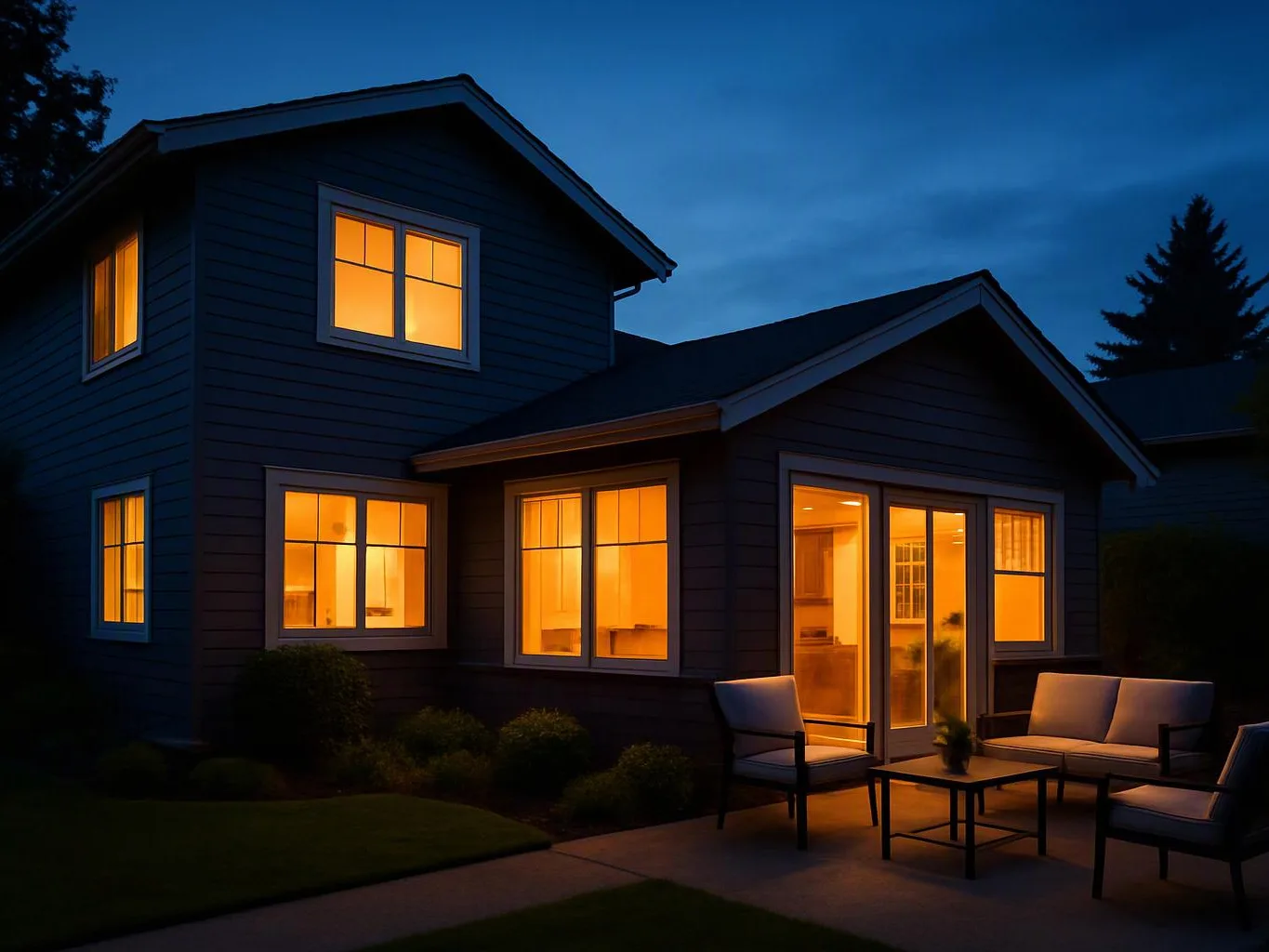 A dark house glows with lit windows, and a patio holds chairs and a small table at dusk