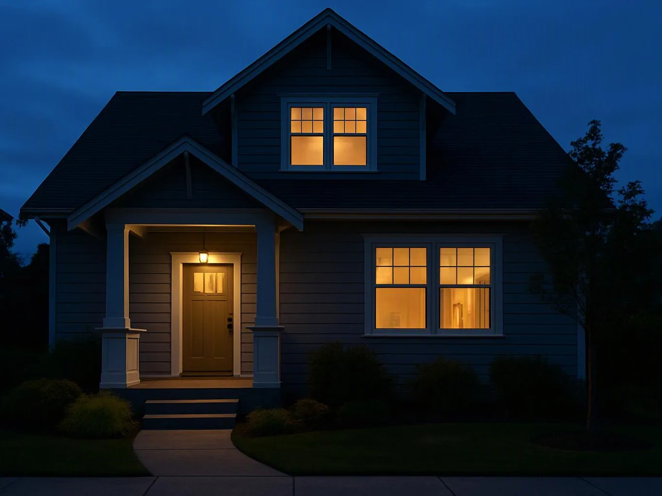 A dark suburban house glows with warm porch and window lights at dusk