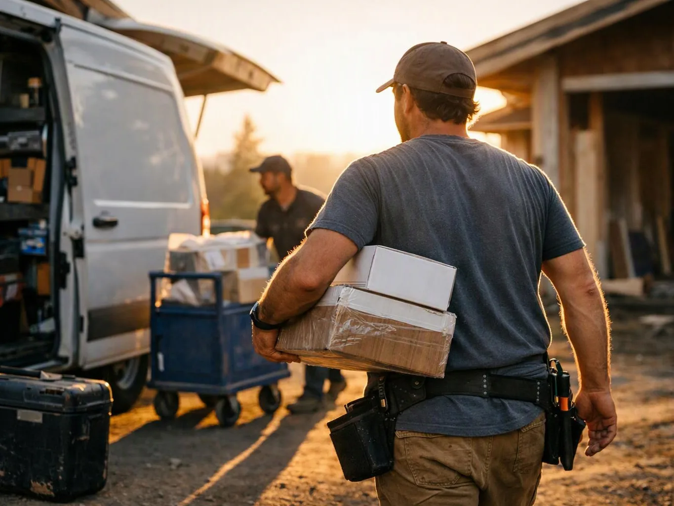 A delivery worker carries boxes beside a white van in warm sunlight near a building
