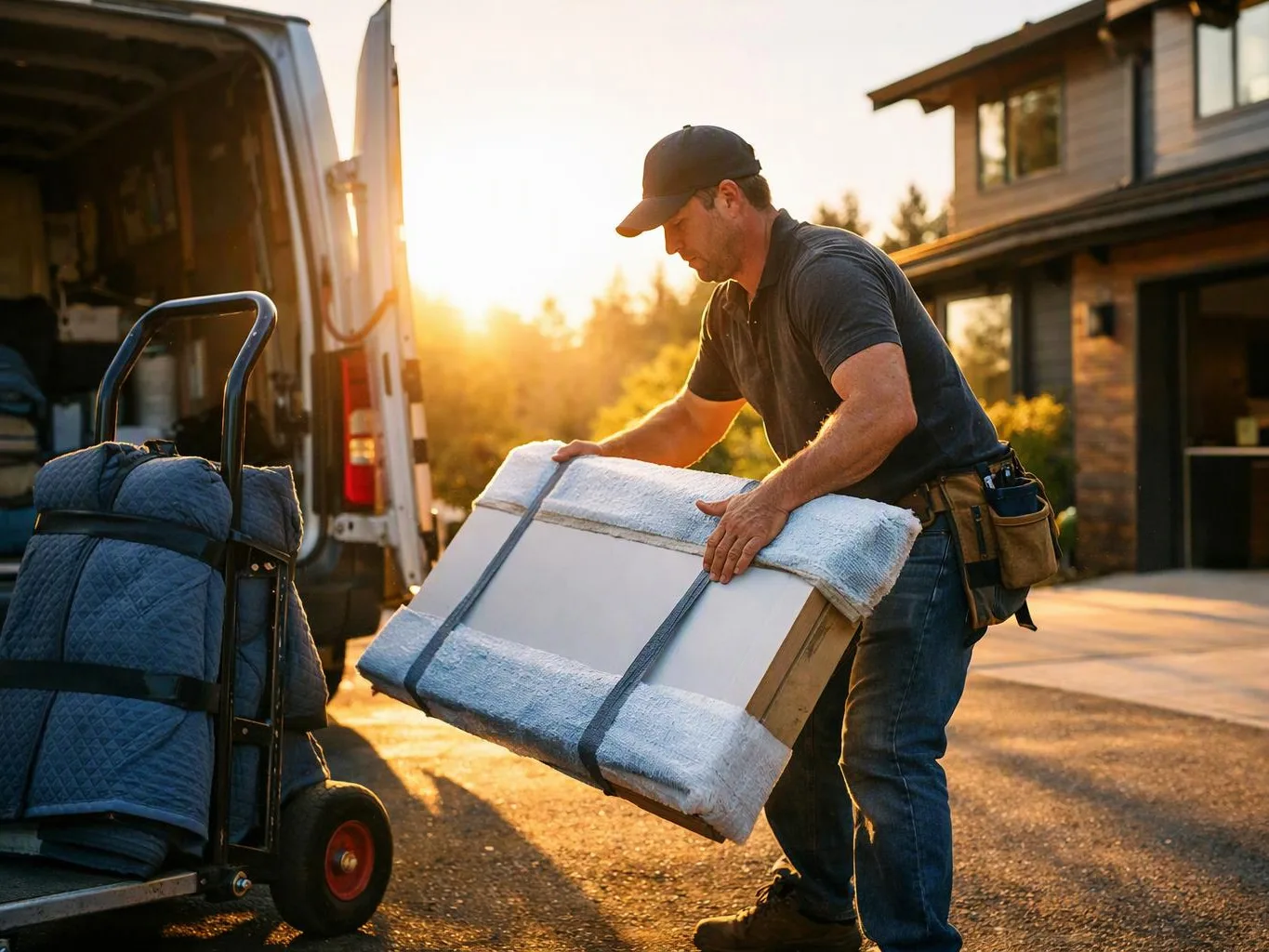 A delivery worker lifts a strapped package beside a van in a sunny driveway near a house
